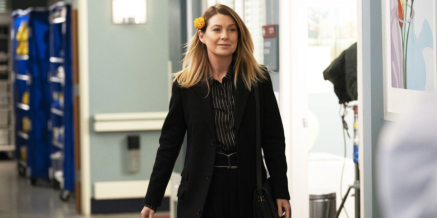 Meredith walking through the hospital on Grey's Anatomy