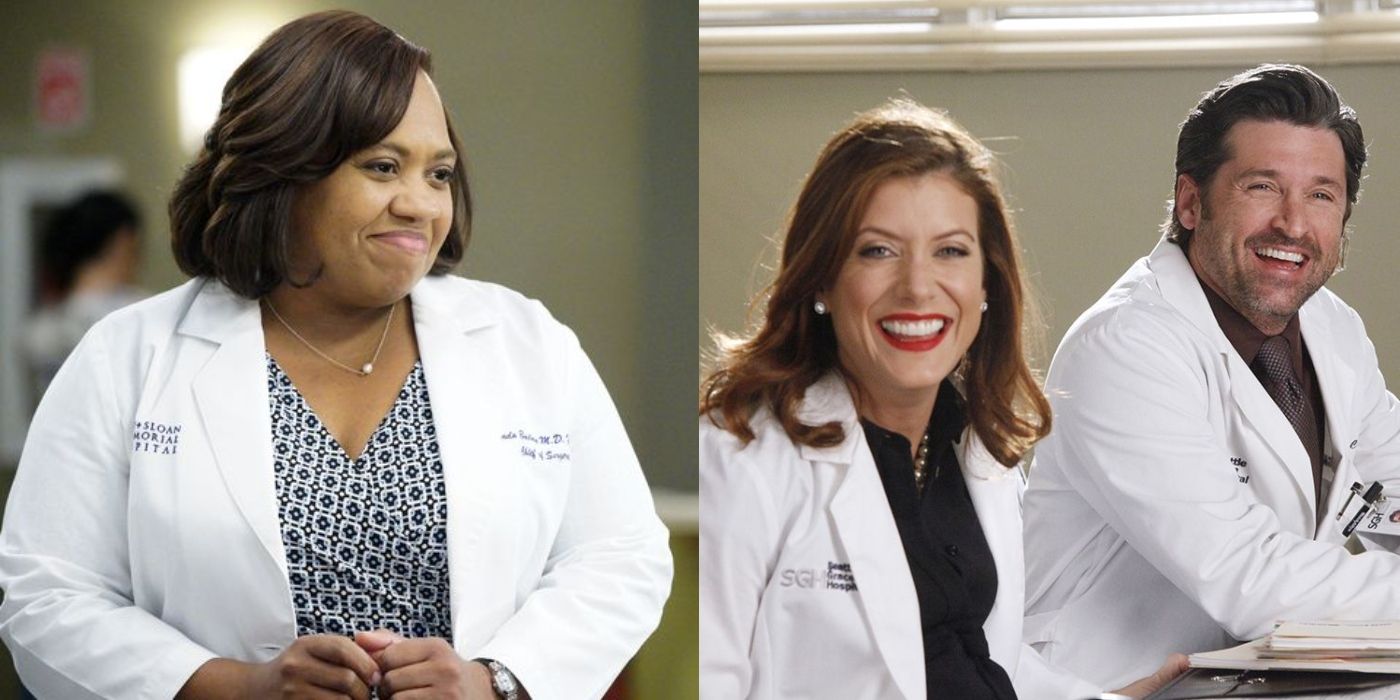 Split image of Bailey, Addison and Derek smiling in white coats on Grey&rsquo;s Anatomy