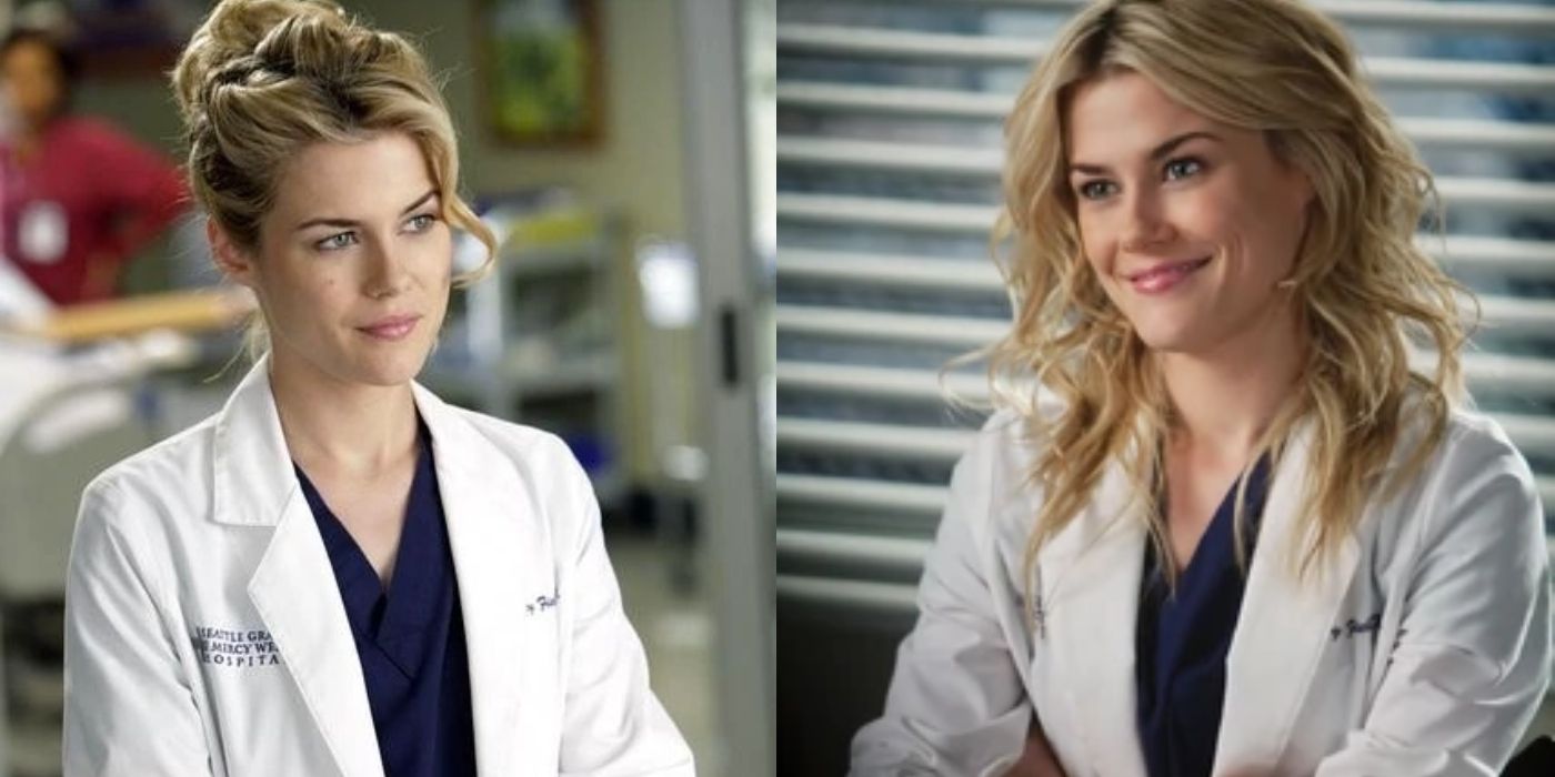 Split image of Lucy Fields smiling at work on Grey's Anatomy