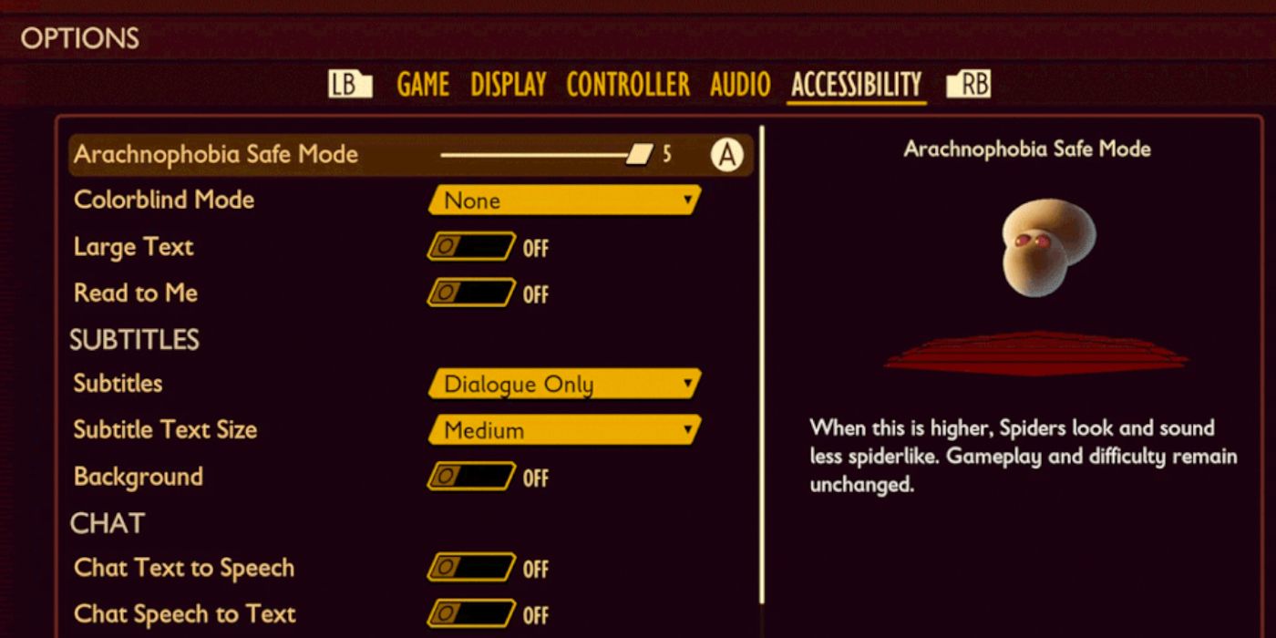 Grounded's Accessibility Menu with a prominent arachnophobia-safe mode
