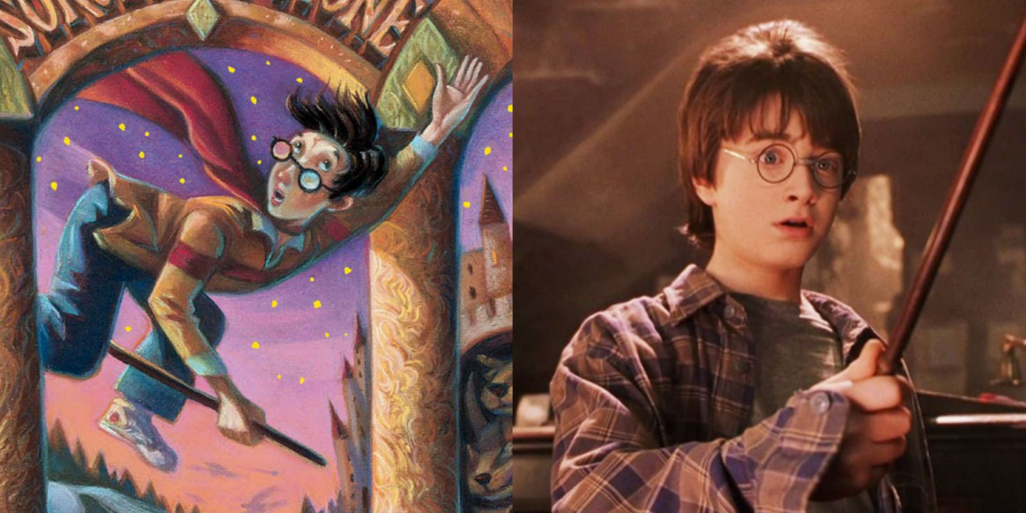 A split image showing the Philosopher's Stone cover on the left and Harry receiving his wand on the right from Harry Potter. 