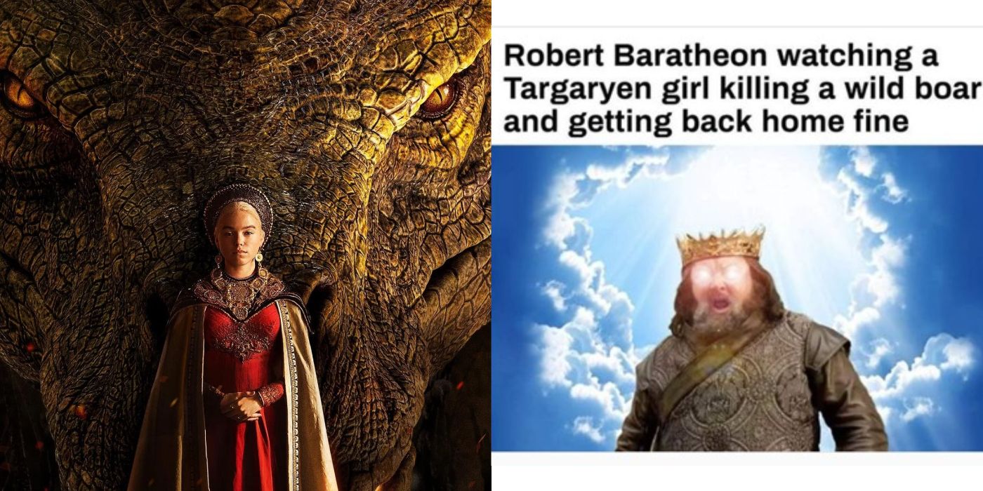 Split image of Rhaenyra in front of a dragon from House of the Dragon and a meme about King Robert from Game of Thrones being upset about Rhaenyra defeating a boar. 
