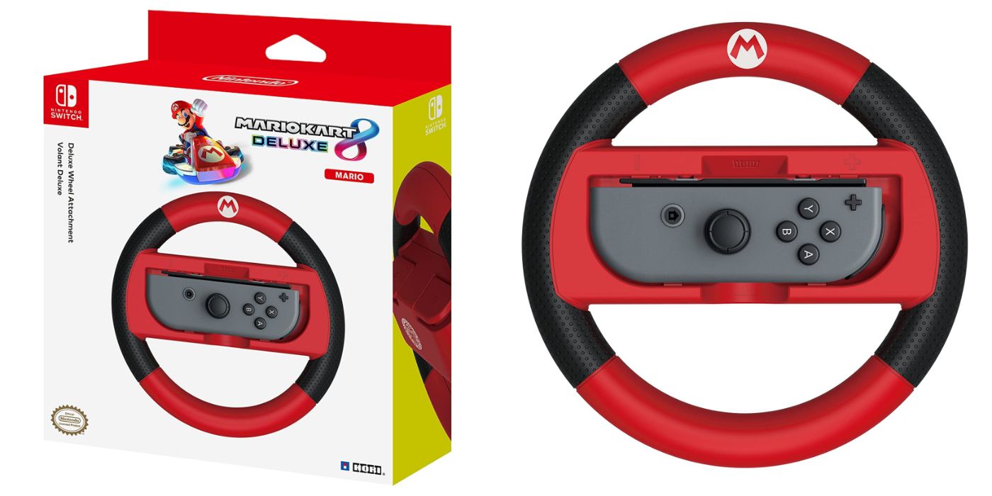 Imagem dividida de fotos promocionais do volante com tema Mario do HORI para o Switch.