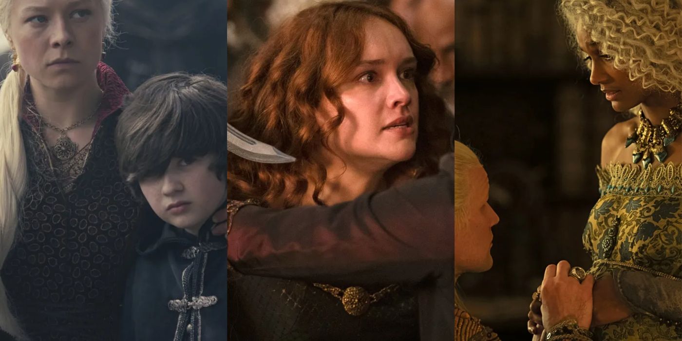 Split image of Rhaenyra with her son Jacaerys, Alicent holding a knife up, and Deamon kneeling in front of Laena in House of the Dragon. 
