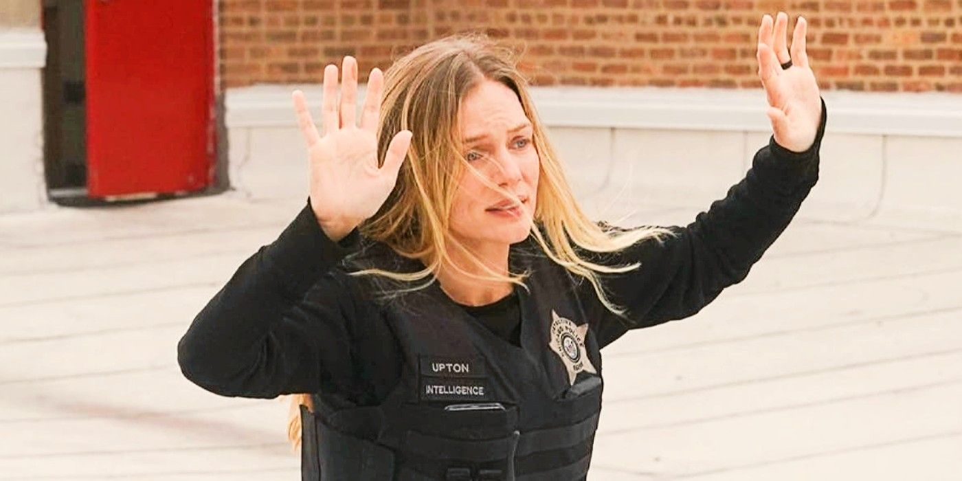 Hailey Upton with her arms raised on Chicago PD