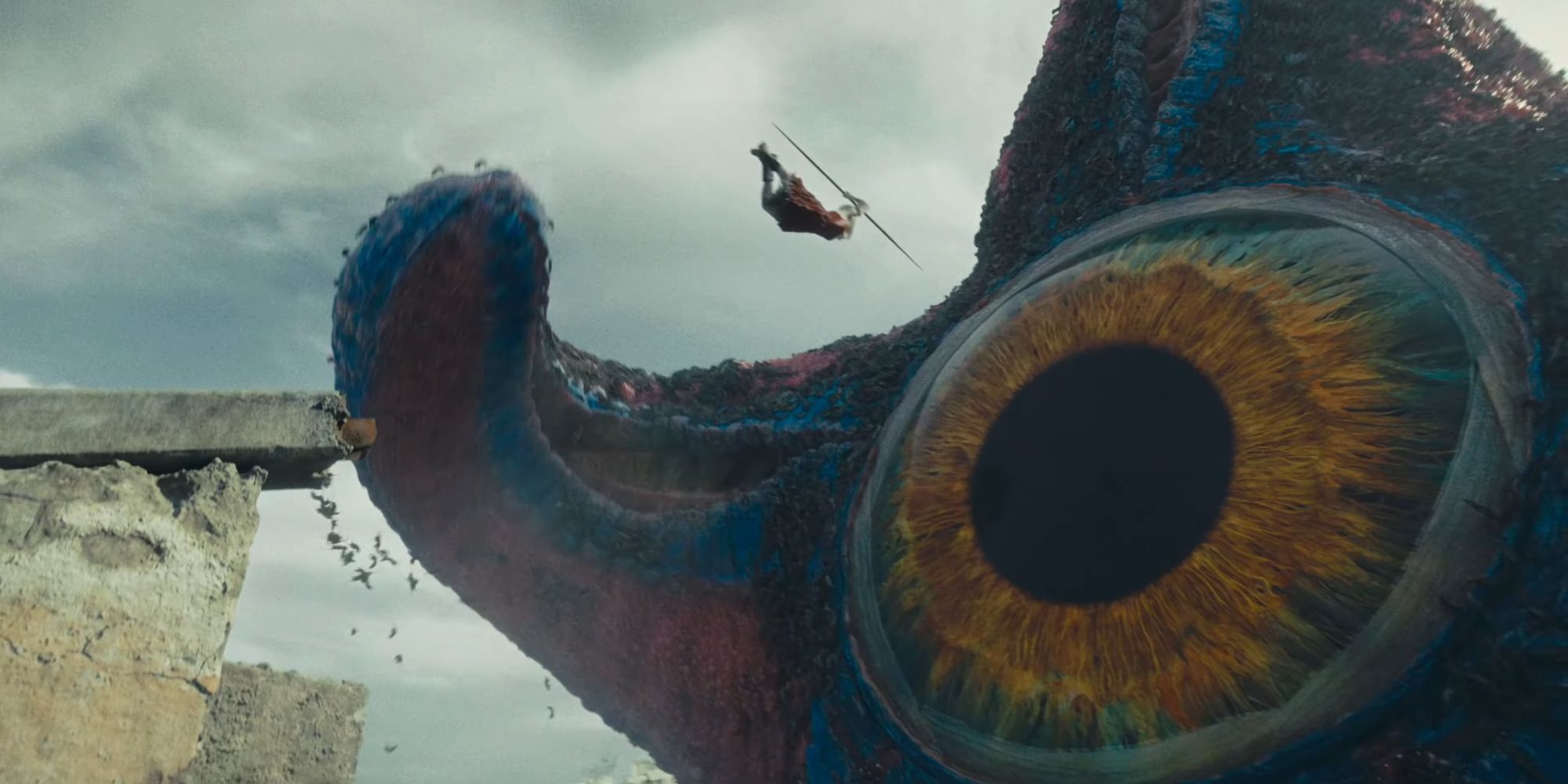 Harley Quinn diving into Starro&rsquo;s eyeball as rats attack him in James Gunn&rsquo;s The Suicide Squad (2021)