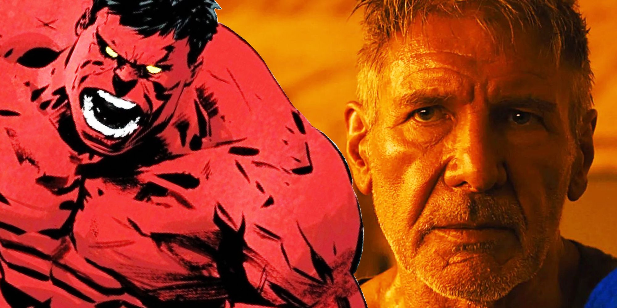 Imagen combinada de Harrison Ford como Deckard luciendo neutral en Blade Runner 2049 y un cómic Red Hulk luciendo enojado