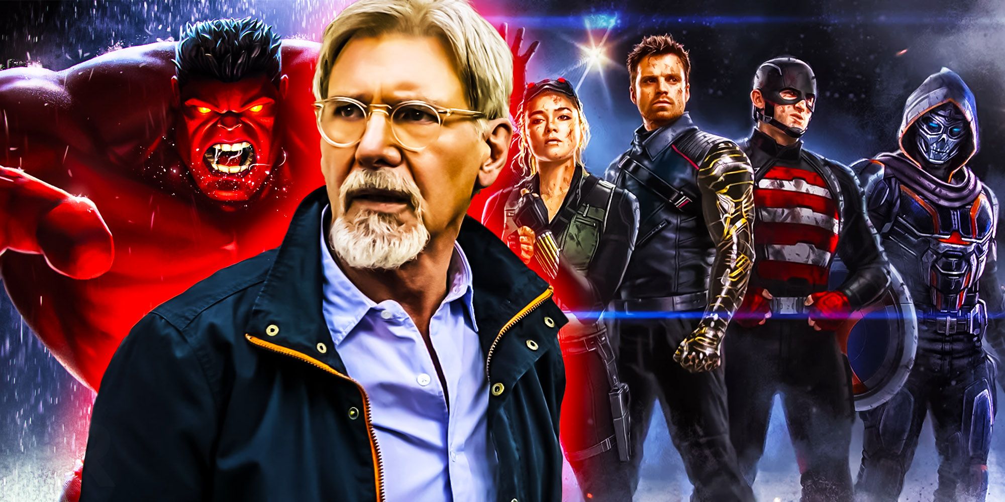 Blended image of Harrison Ford looking concerned, with an angry red Hulk and the Thunderbolt teams lined up and posing