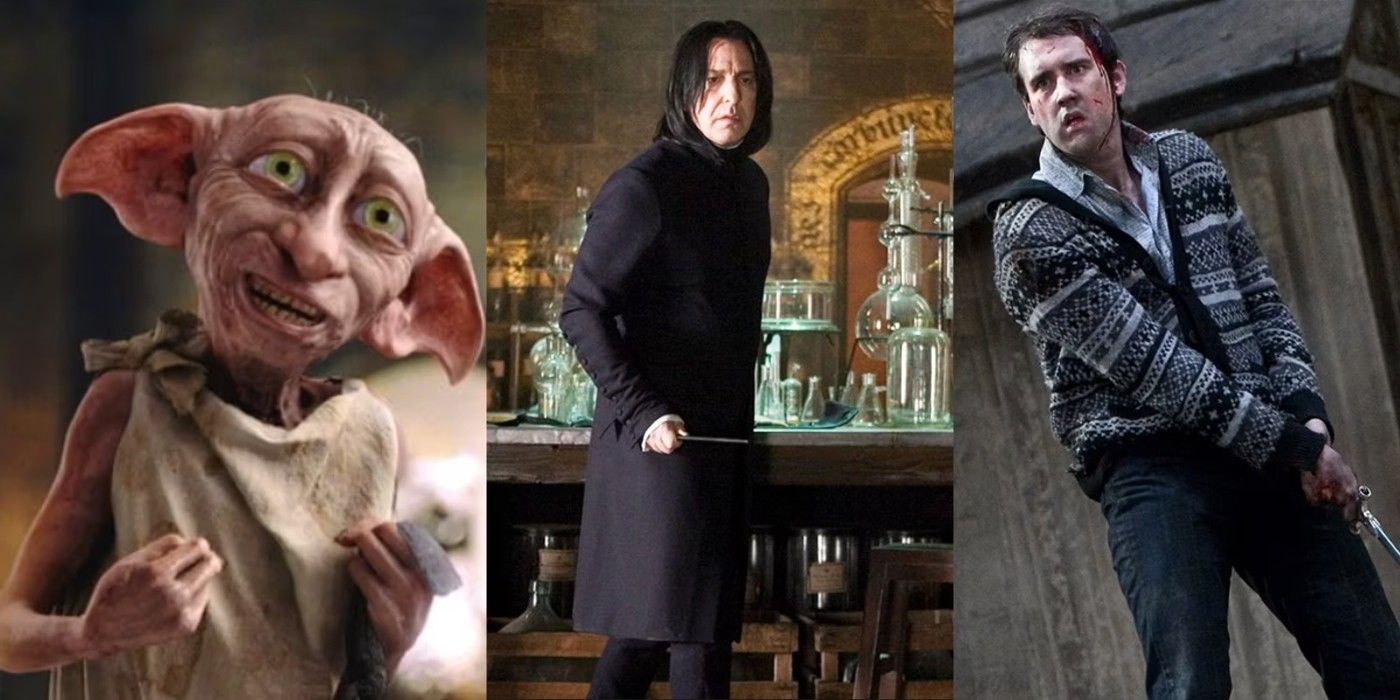 Split image of Dobby, Snape, and Neville Longbottom from the Harry Potter series