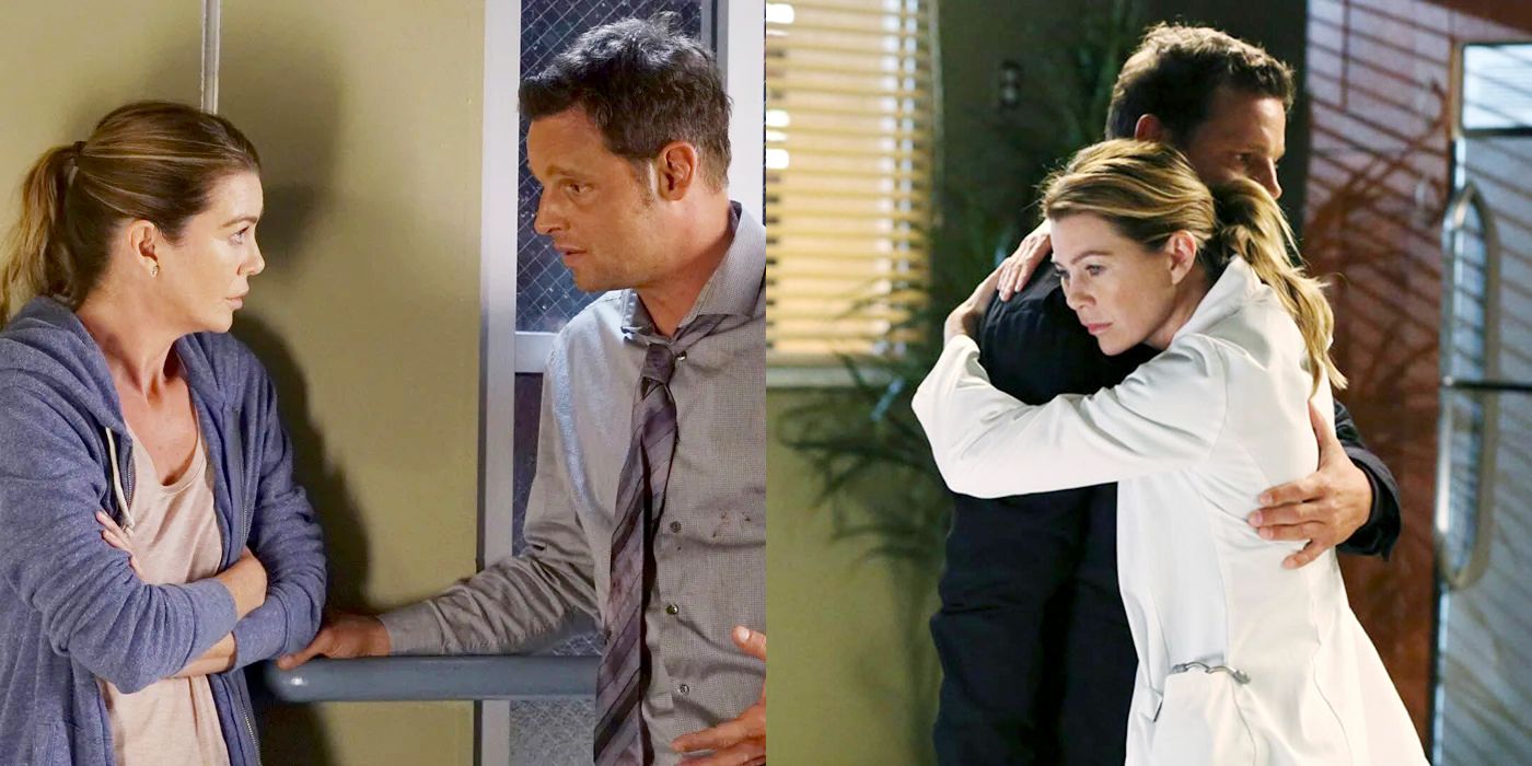 Split image of Meredith and Alex talking seriously and an image of them hugging.