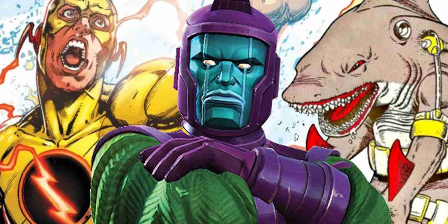 Kang stands in front of two other comic book villains who time travel.