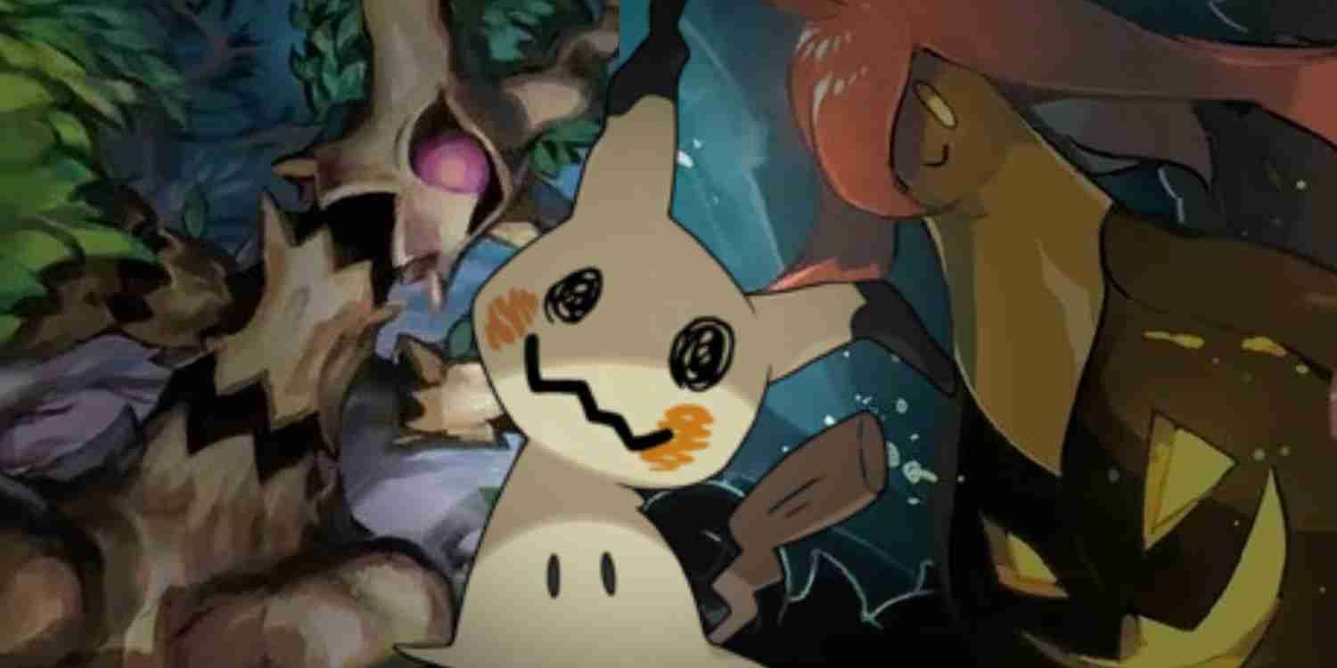 Mimikyu surrounded by other spooky Pokemon for Halloween.