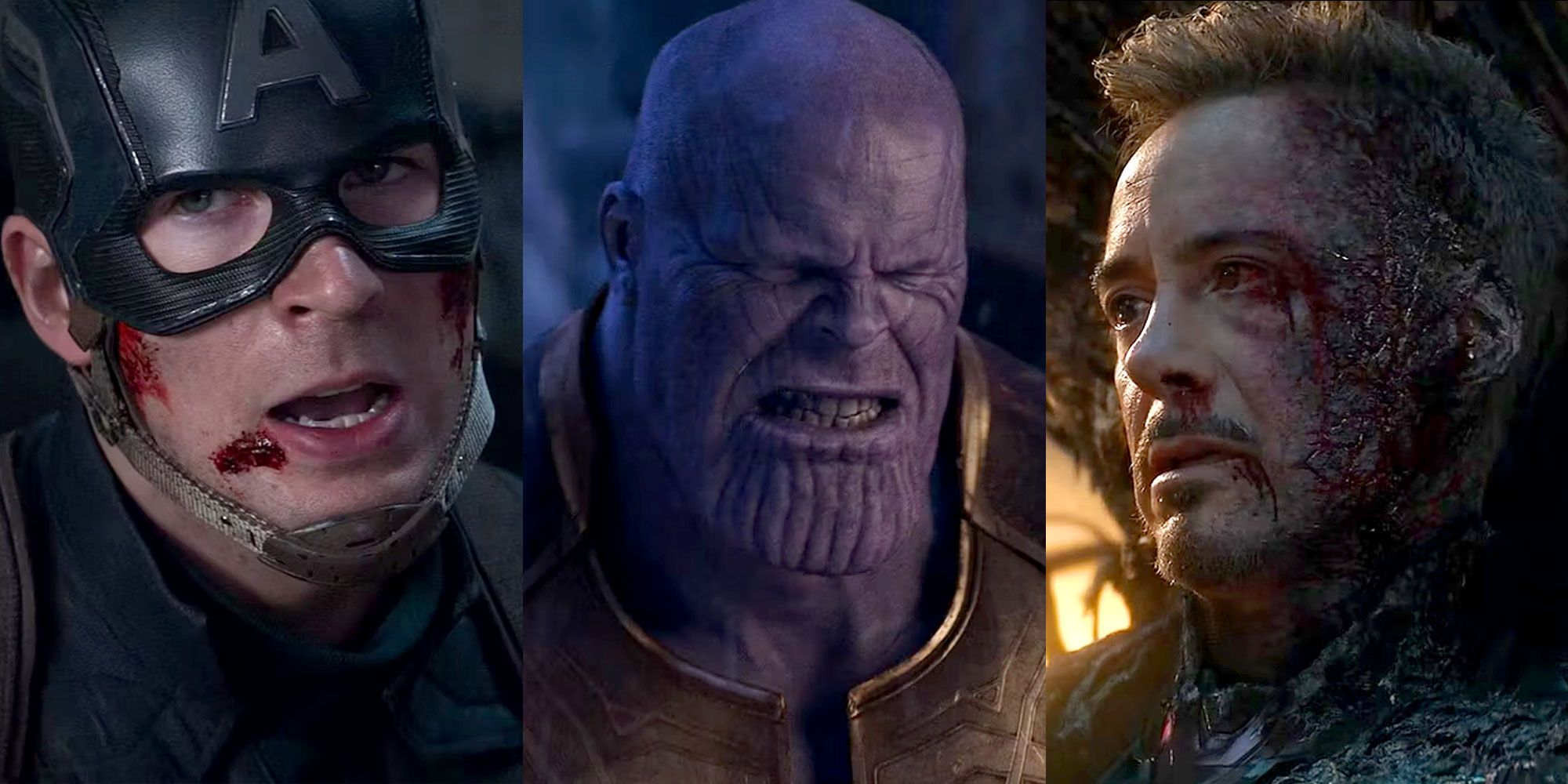 Split image of Captain America, Thanos and Tony Stark in the MCU