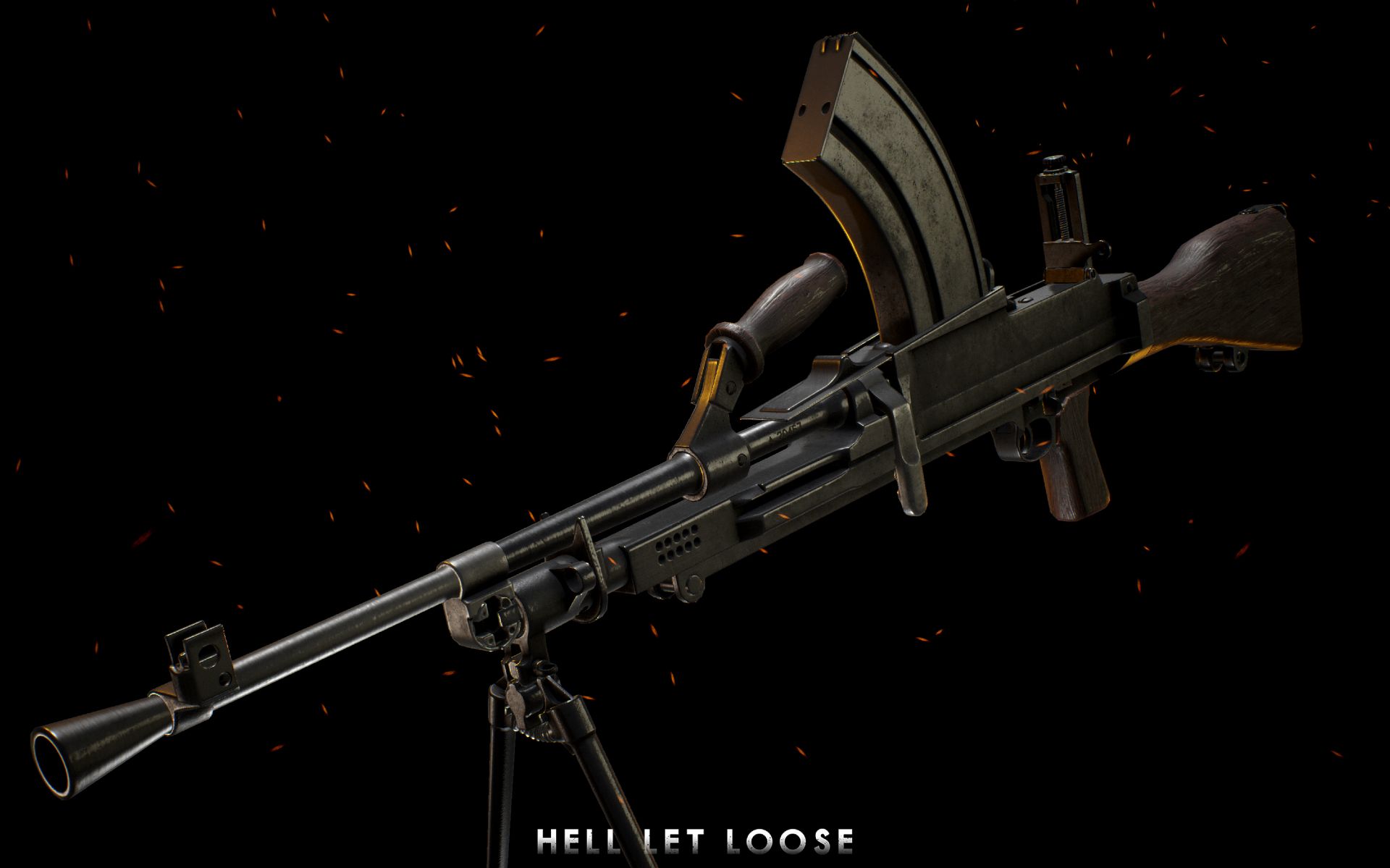 Image of a Bren gun in Hell Let Loose. This light machine gun features a bipod at the front and a curved magazine at the upper rear of the weapon, in front of the stock and grip.