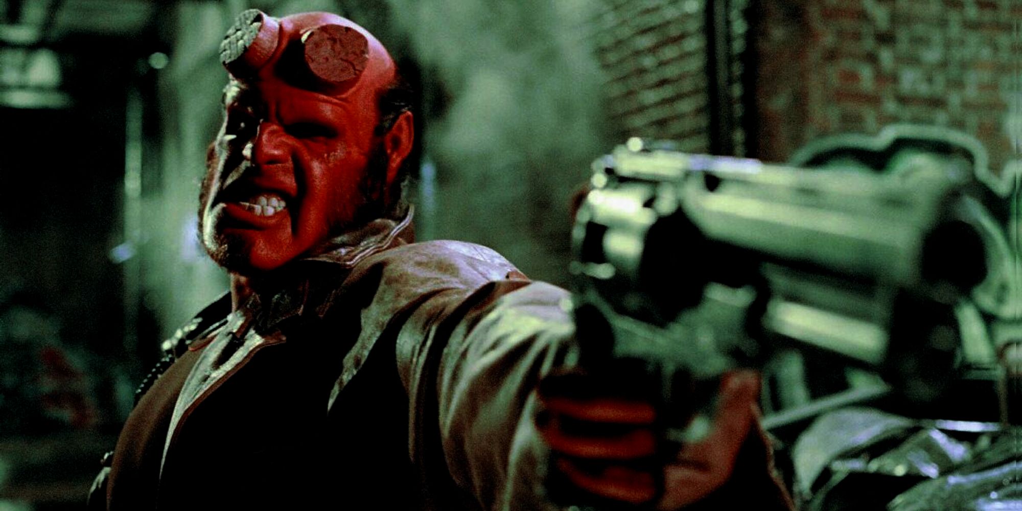 Hellboy aiming the Samaritan revolver in Hellboy (2004)