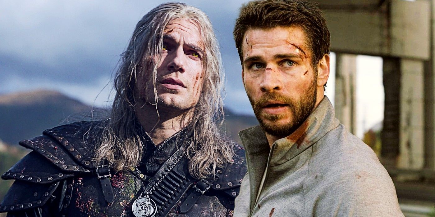 Henry Cavill como Geralt em The Witcher com Liam Hemsworth sobreposto