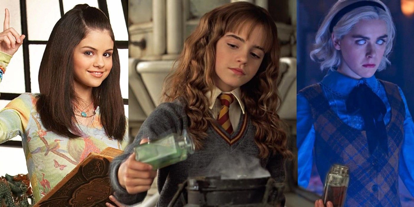 Split image of Alex Russo from Wizards of Waverly Place, Hermione Granger from Harry Potter, and Sabrina Spellman from the Chilling Adventures of Sabrina