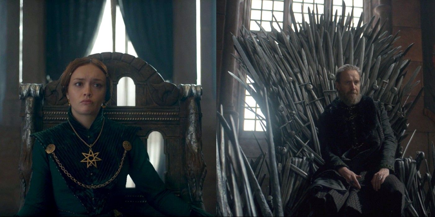 Imagem dividida de Alicent na cadeira do rei no Pequeno Conselho e Otto no Trono de Ferro na Casa do Dragão