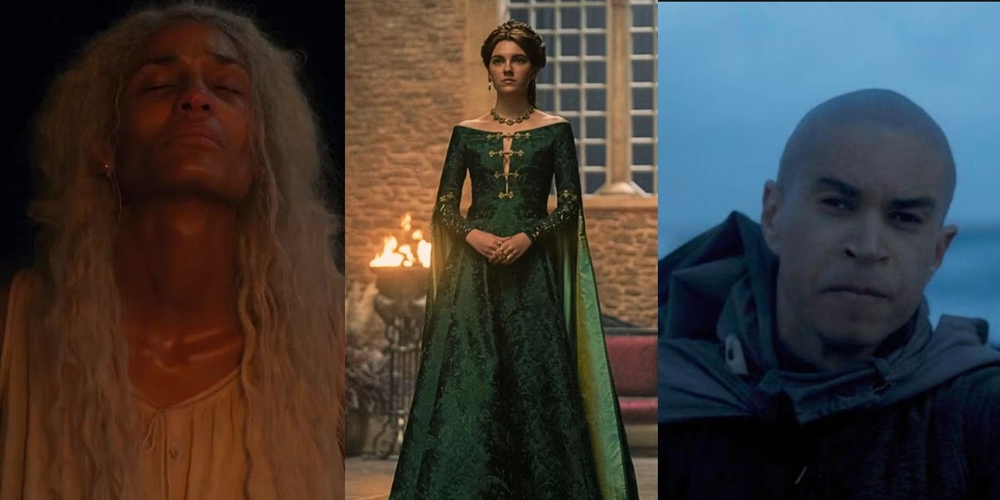Split image of Laena as she died, Alicent in her green dress, and Laenor rowing away in House of the Dragon