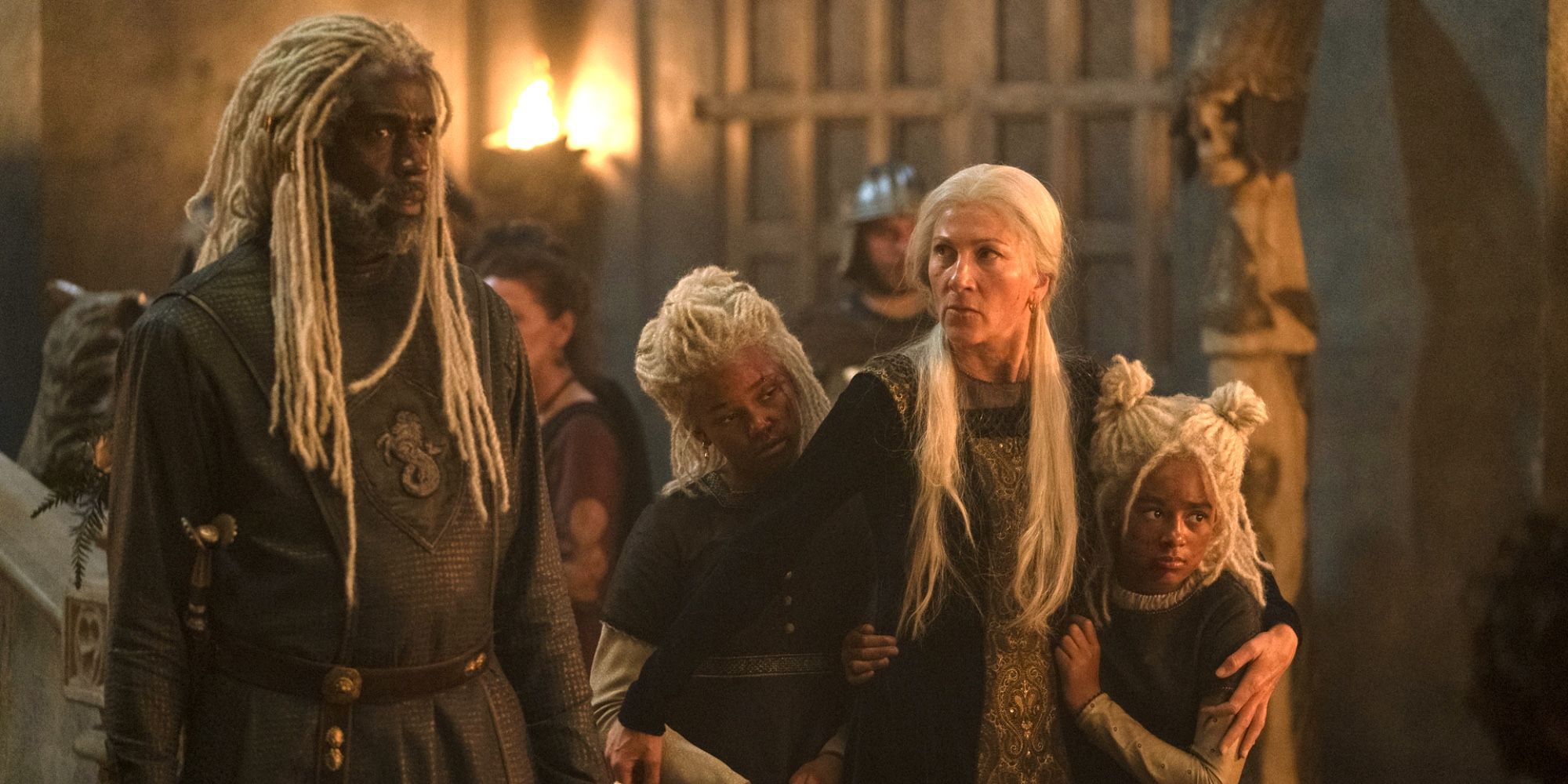 Corlys Velaryon, Baela, Rhaenys e Rhaena Targaryen em Casa do Dragão