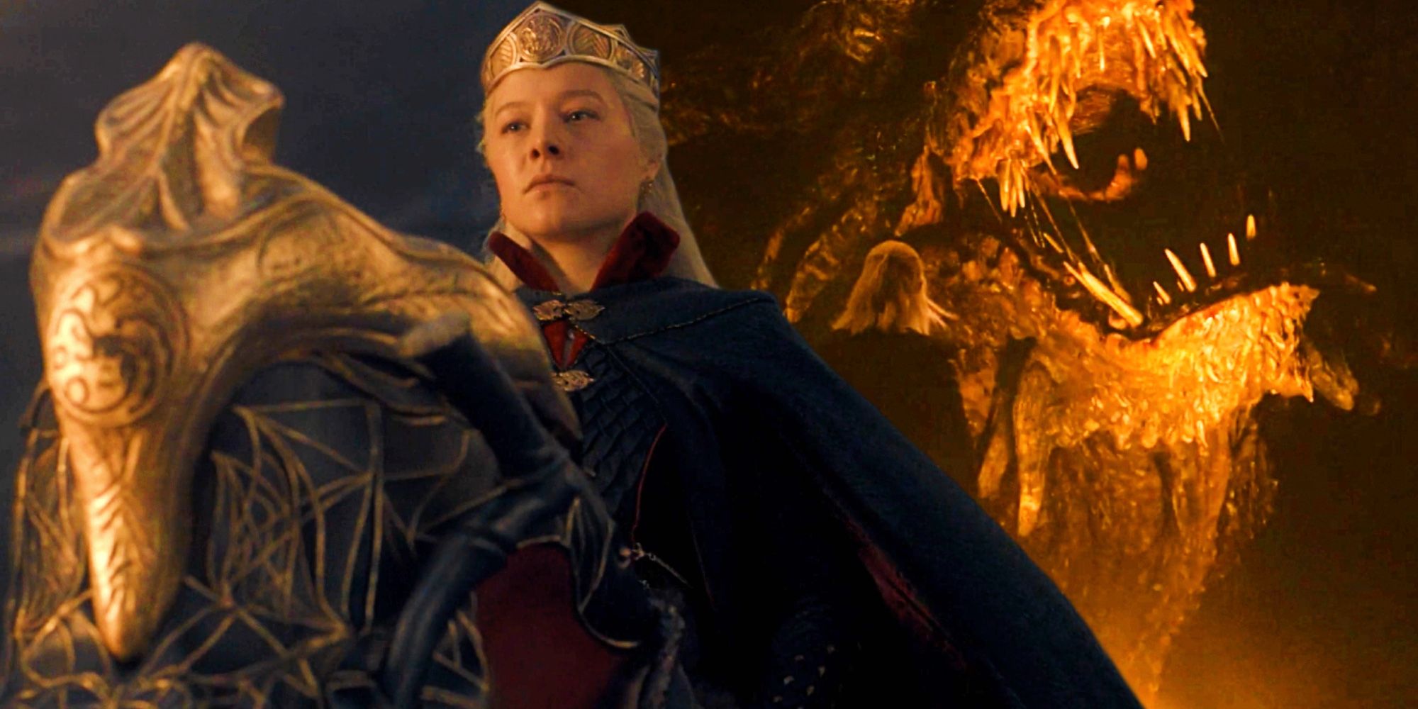 Imagem misturada de Rhaenyra e um dragão ao fundo em House of the Dragon