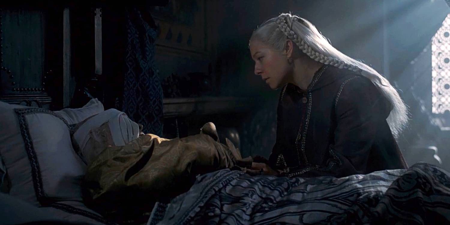 Paddy Considine como Viserys I Targaryen e Emma D'Arcy como Rhaenyra Targaryen em A Casa do Dragão (Reprodução / HBO)