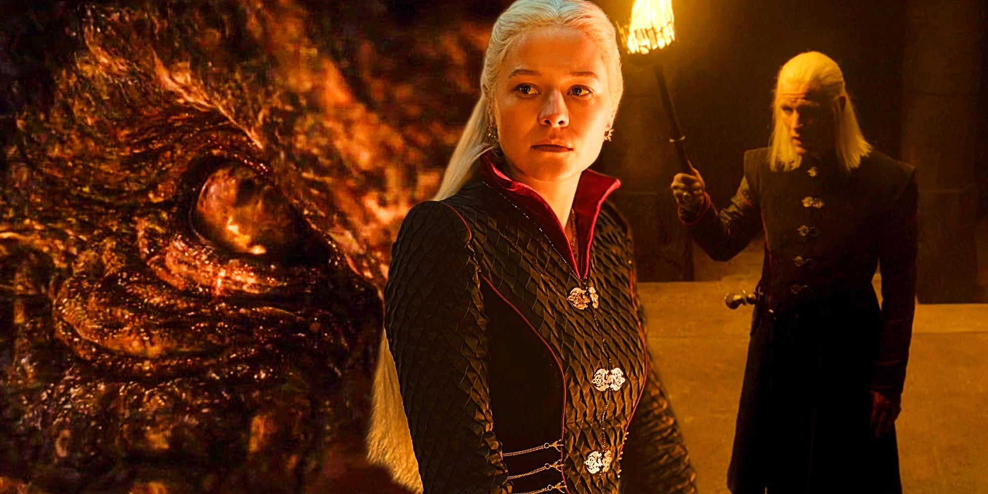 Blended image of Rhaenyra, Daemon Targaryen, and Vermithor Dragon