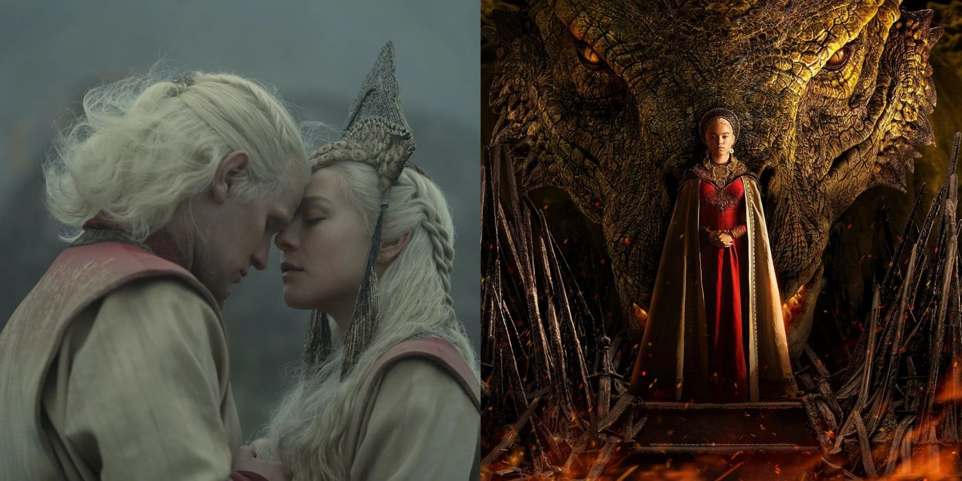 A split image showing Rhaenyra and Daemon's wedding on the left and the promotional image of Rhaenyra standing in front of the Iron Throne on the right from House of the Dragon. 