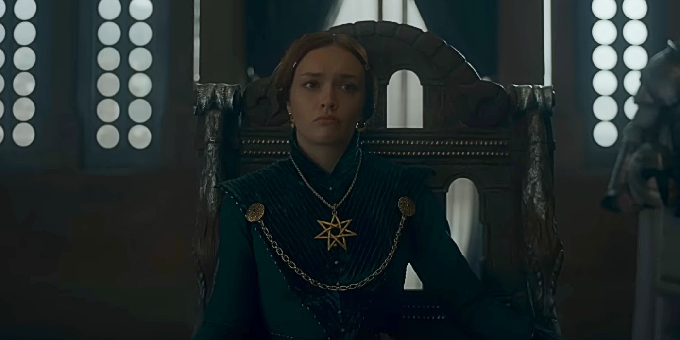 Alicent Hightower sentada em uma cadeira e presidindo o Pequeno Conselho na Casa do Dragão.