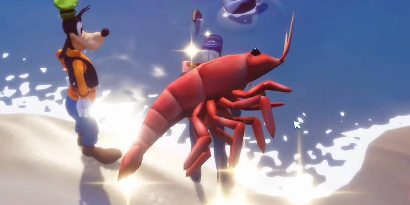 A large shrimp in Disney Dreamlight Valley superimposed over an image of Goofy and the player fishing