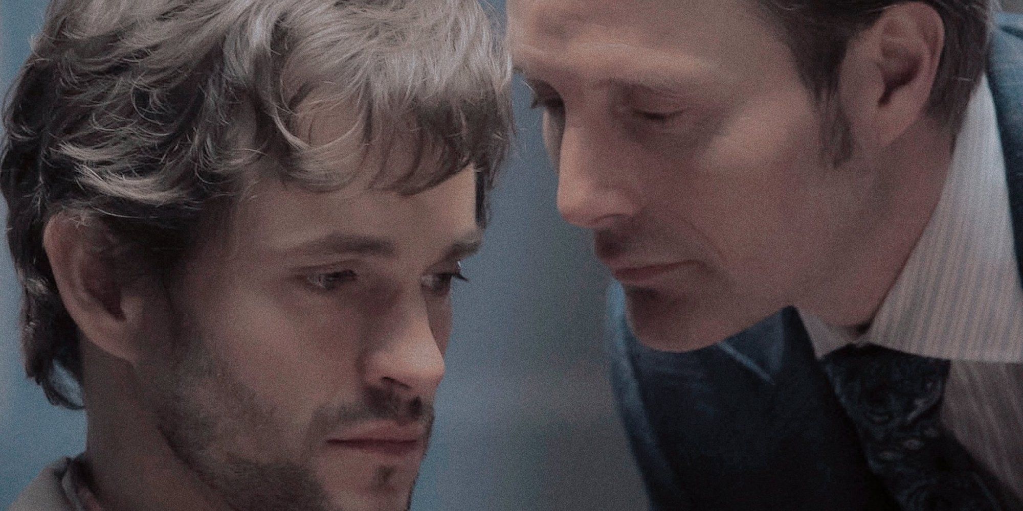 Hugh Dancy as Will Graham with Mads Mikkelsen as Hannibal leaning in to talk to him Lecter in Hannibal