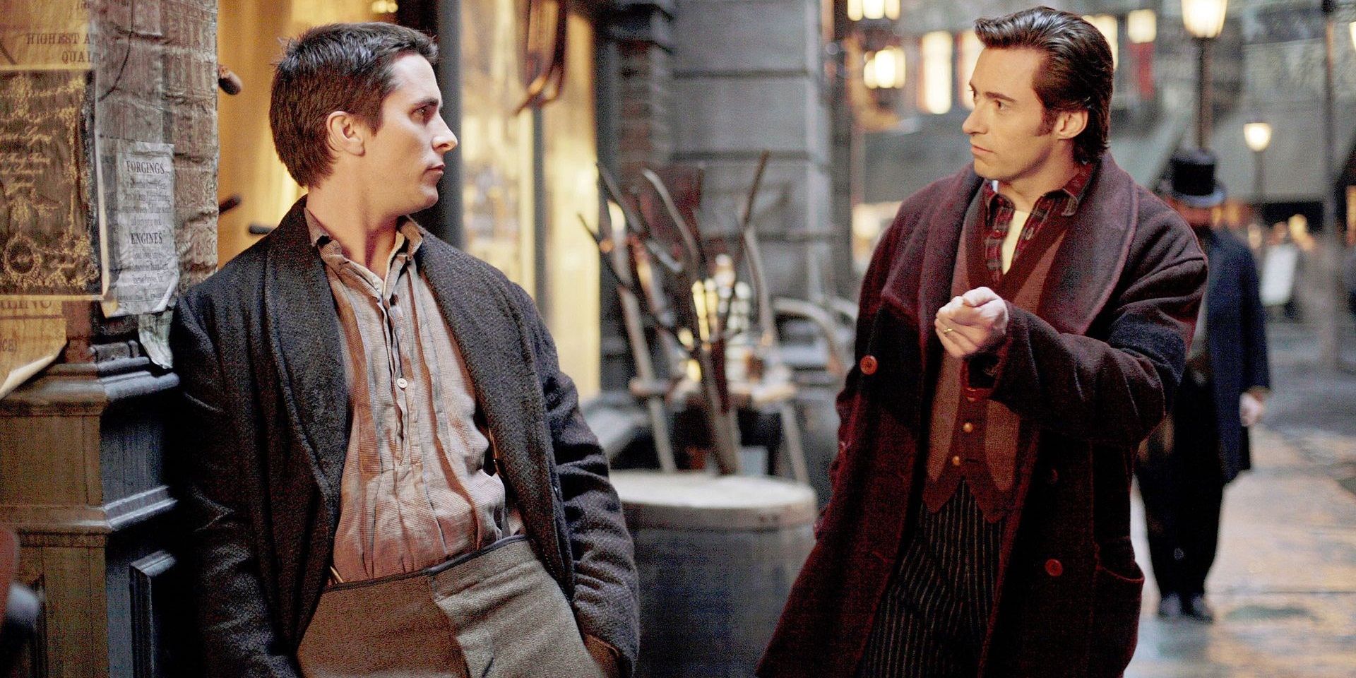 Hugh Jackman talks to Christian Bale in The Prestige