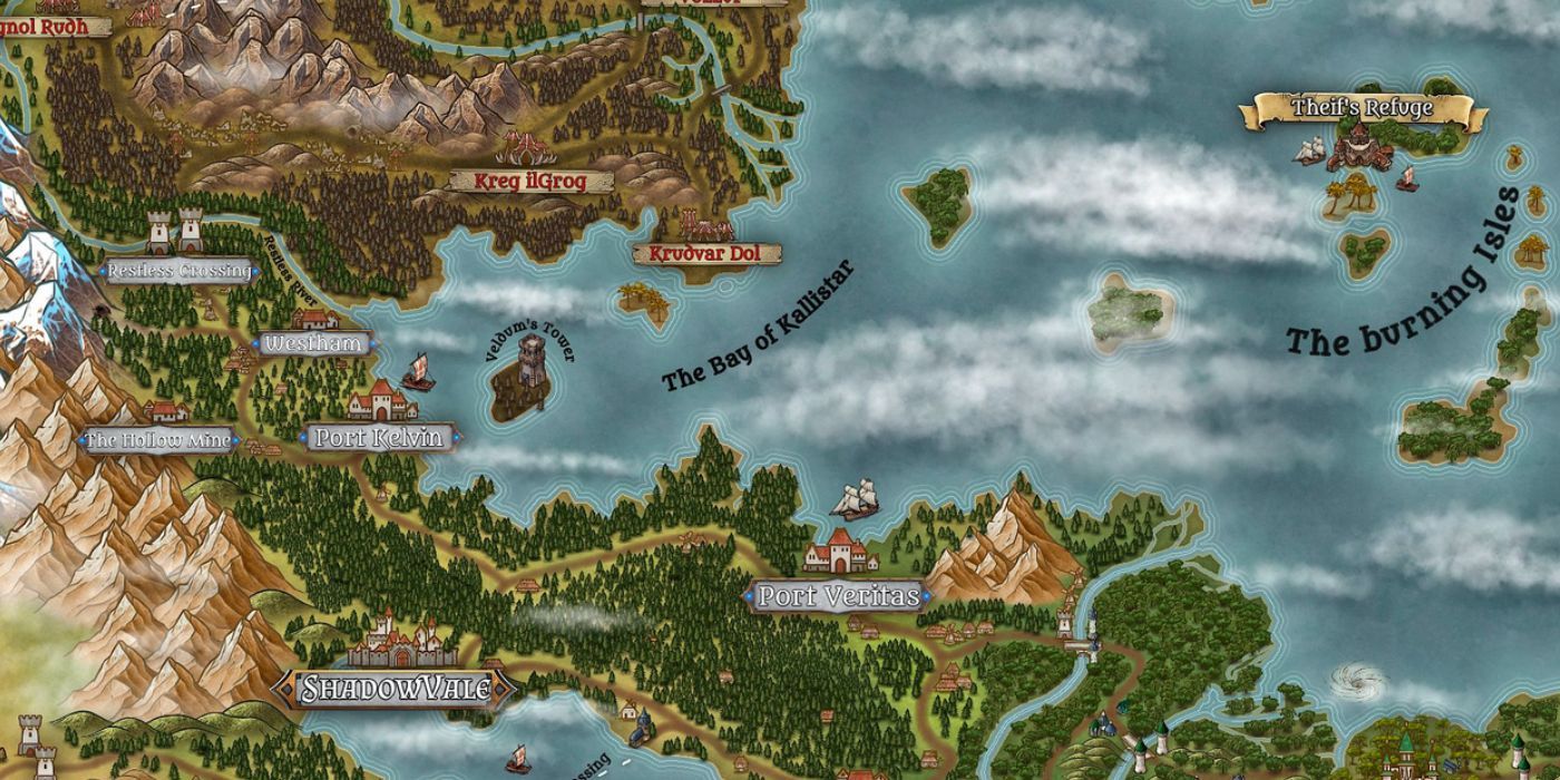 A world map made in the Inkarnate software, showcasing the layout of a coastal location with mountains to the west and the north.