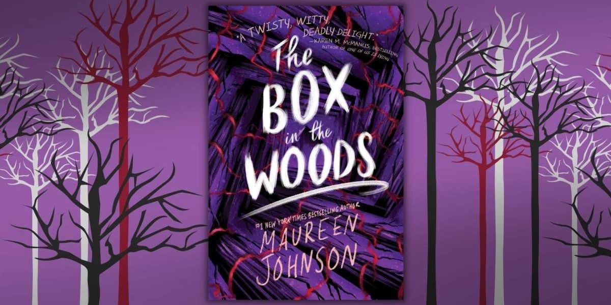 Purple The Box In The Woods COver on Purple Background with Red, WHite and Black Trees