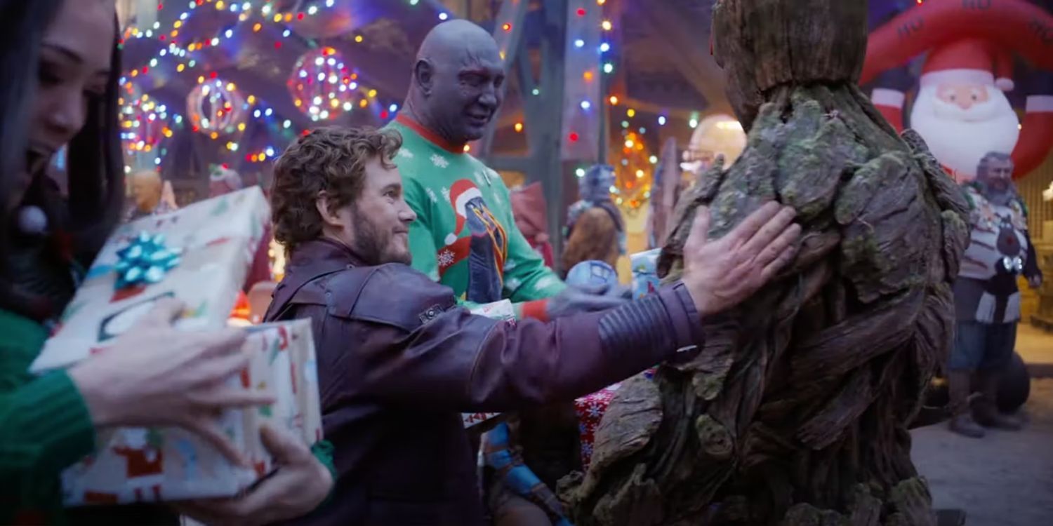 Starlord, Mantis, Groot, and Drax at Christmas