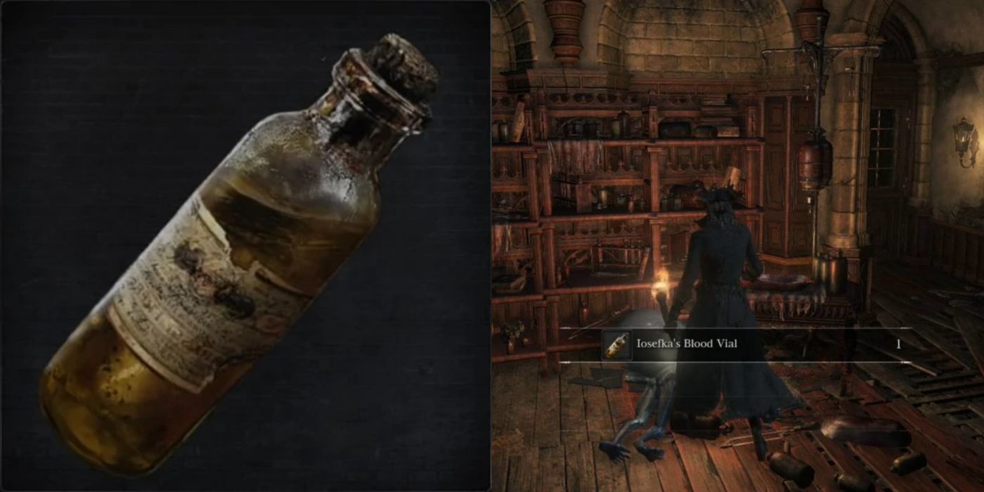 Split image of Iosefka&rsquo;s Blood Vial and the Hunter picking one off a Celestial Mob corpse.