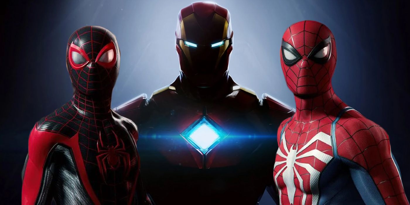 An image showing EA's Iron Man flanked either side by the Spider-Men of Insomniac's games, with Miles Morales on the left and Peter Parker on the right.