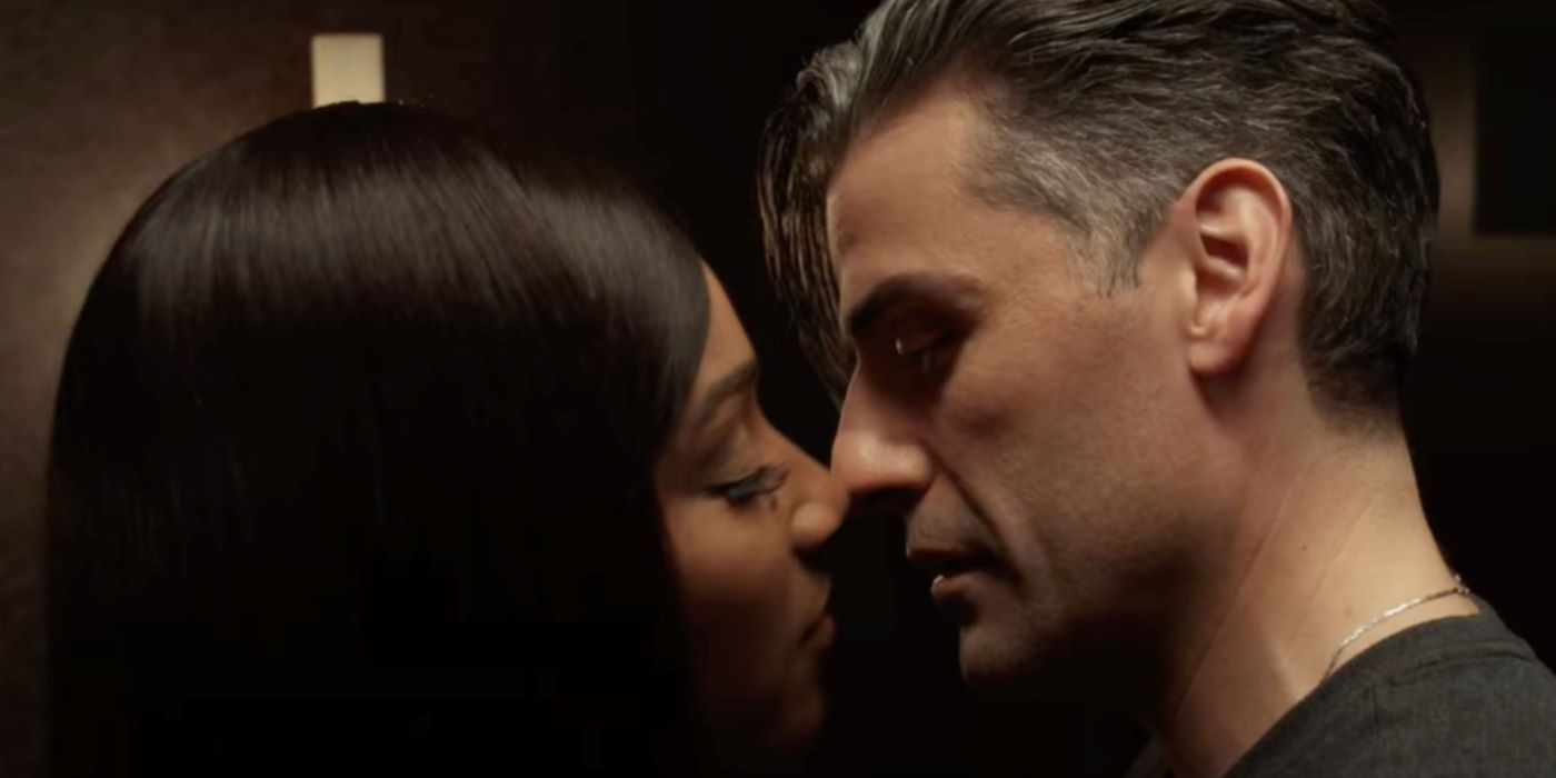 Tiffany Haddish and Oscar Isaac about to kiss in The Card Counter.