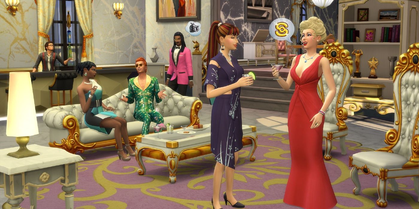 Judith Ward, from the Get Famous expansion pack for The Sims 4, standing in fancy red dress in her living room as she parties with other rich sims.
