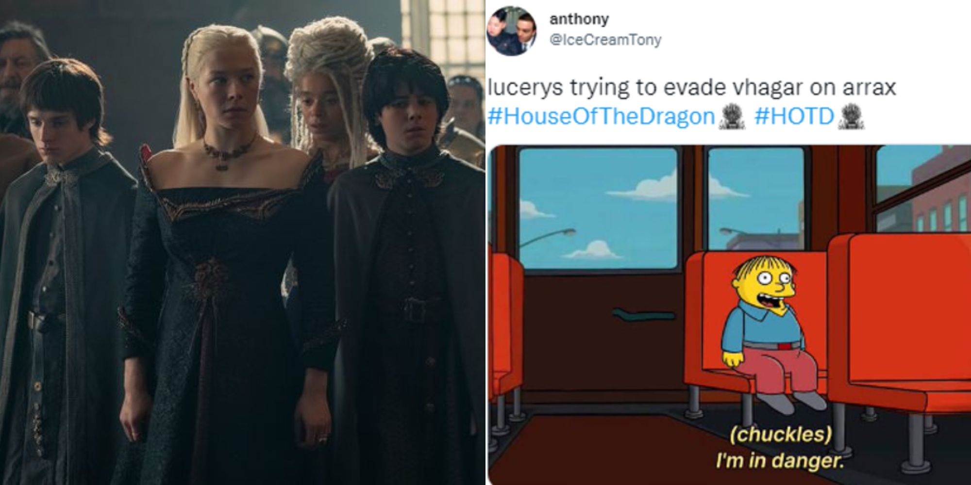 Split image showing Jacaerys and Lucerys Velaryon with Rhaenyra Targaryen in House of the Dragon and a meme of The Simpsons