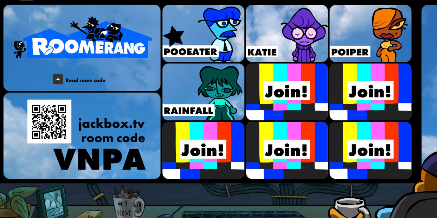 Jackbox Party Pack 9 Roomerang Start Screen With Player Characters on Screens Waiting to Begin the Game