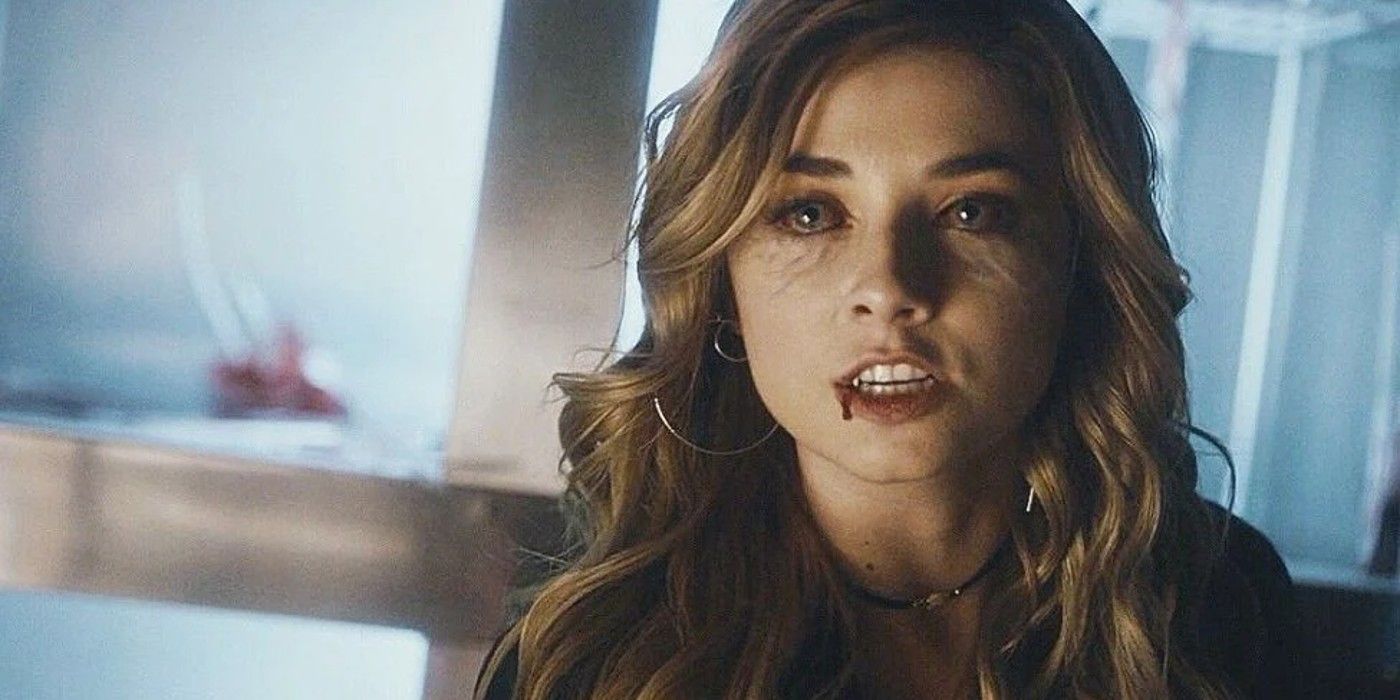 Jade, with black veins and blood in the corner of her lip, from Legacies