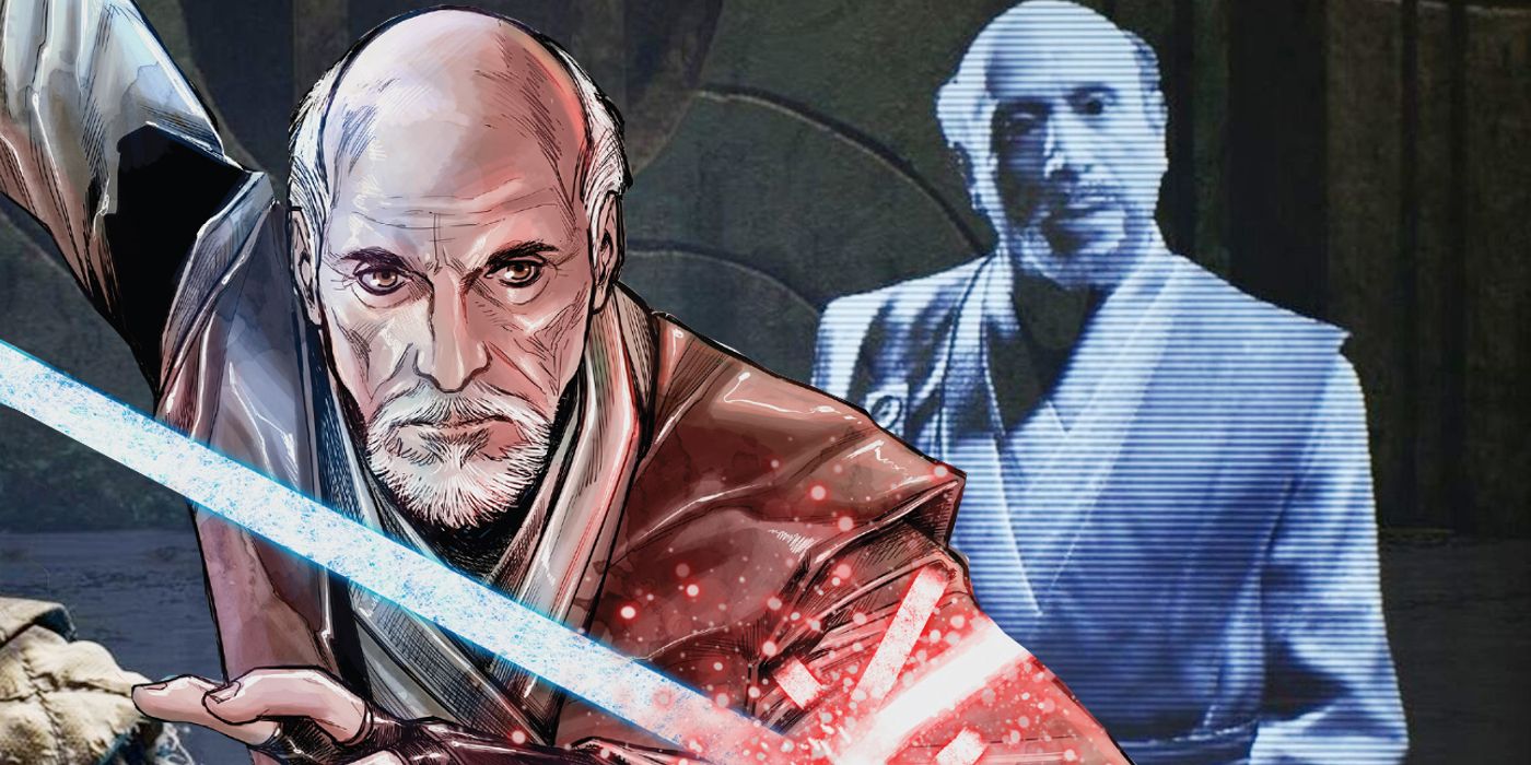 Image of Eno Cordova's hologram from Star Wars Jedi: Fallen Order, with a cut-out of his appearance from the Dark Temple comic series. The comic image shows Cordova brandishing his blue lightsaber and deflecting blaster bolts.