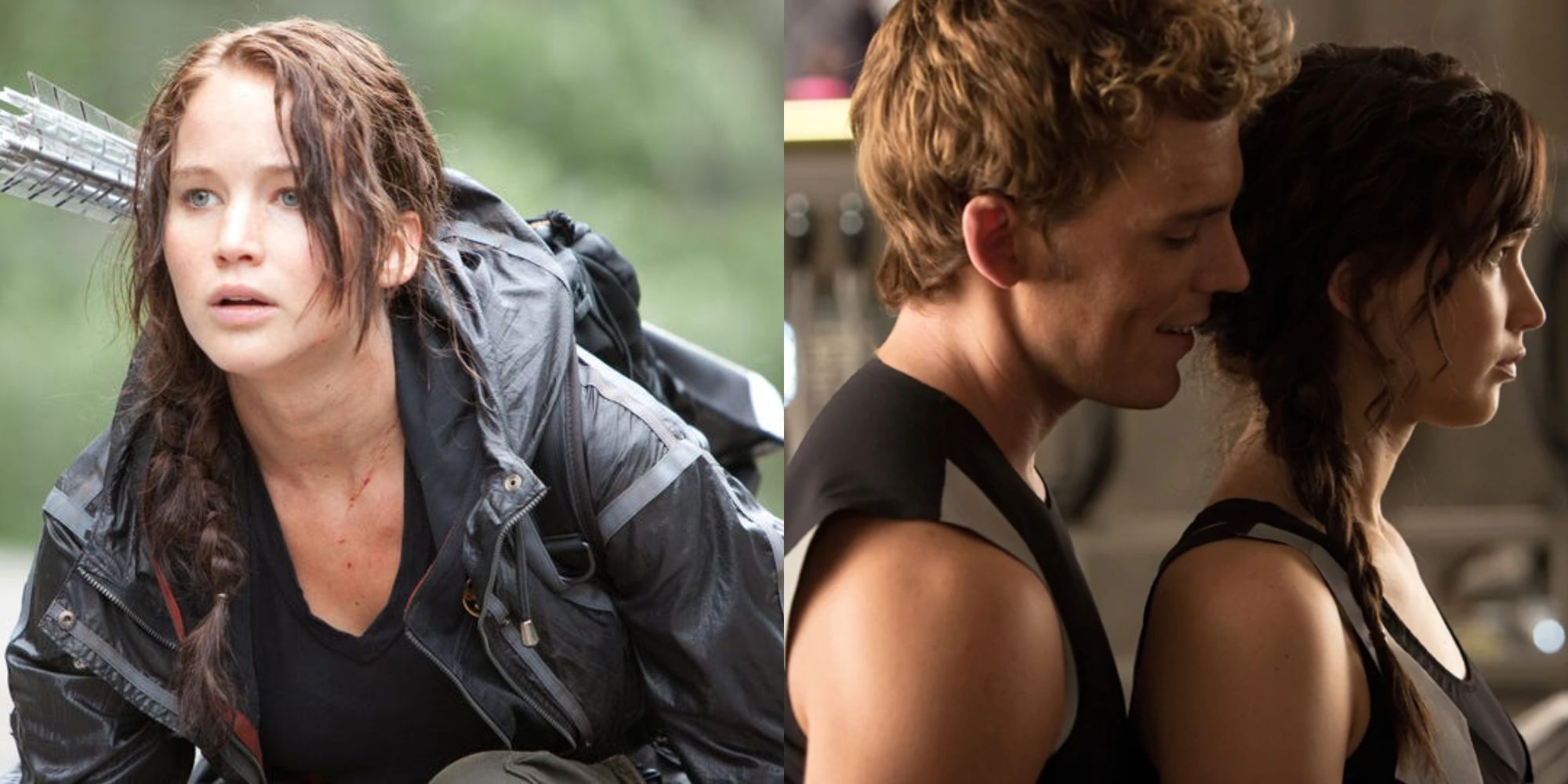 Split image showing Katniss Everdeen in The Hunger Games and with Finnick in Catching Fire