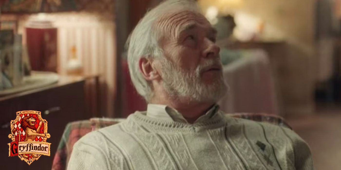 Joe in Derry Girls with a Gryffindor Hogwarts house crest in the lower left corner