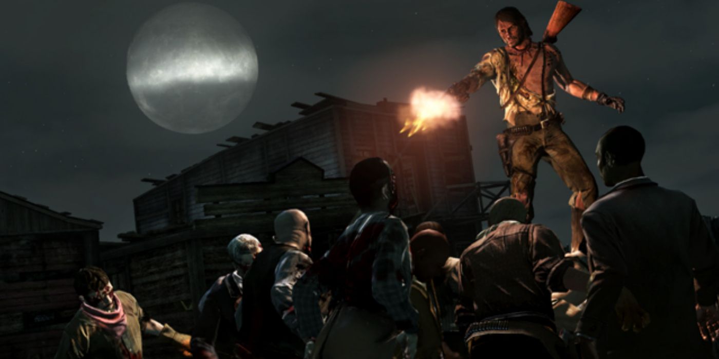 Marston shoots zombies from Red Dead Redemption Undead Nightmare 