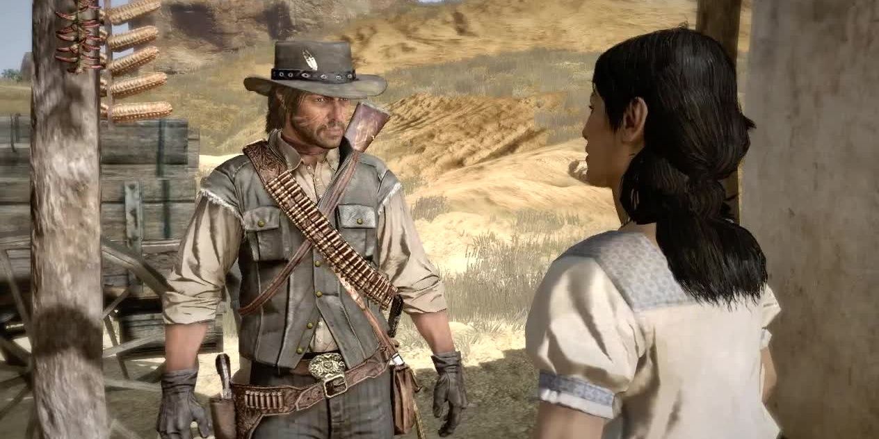 John Marston conversando com uma mulher em Red Dead Redemption 