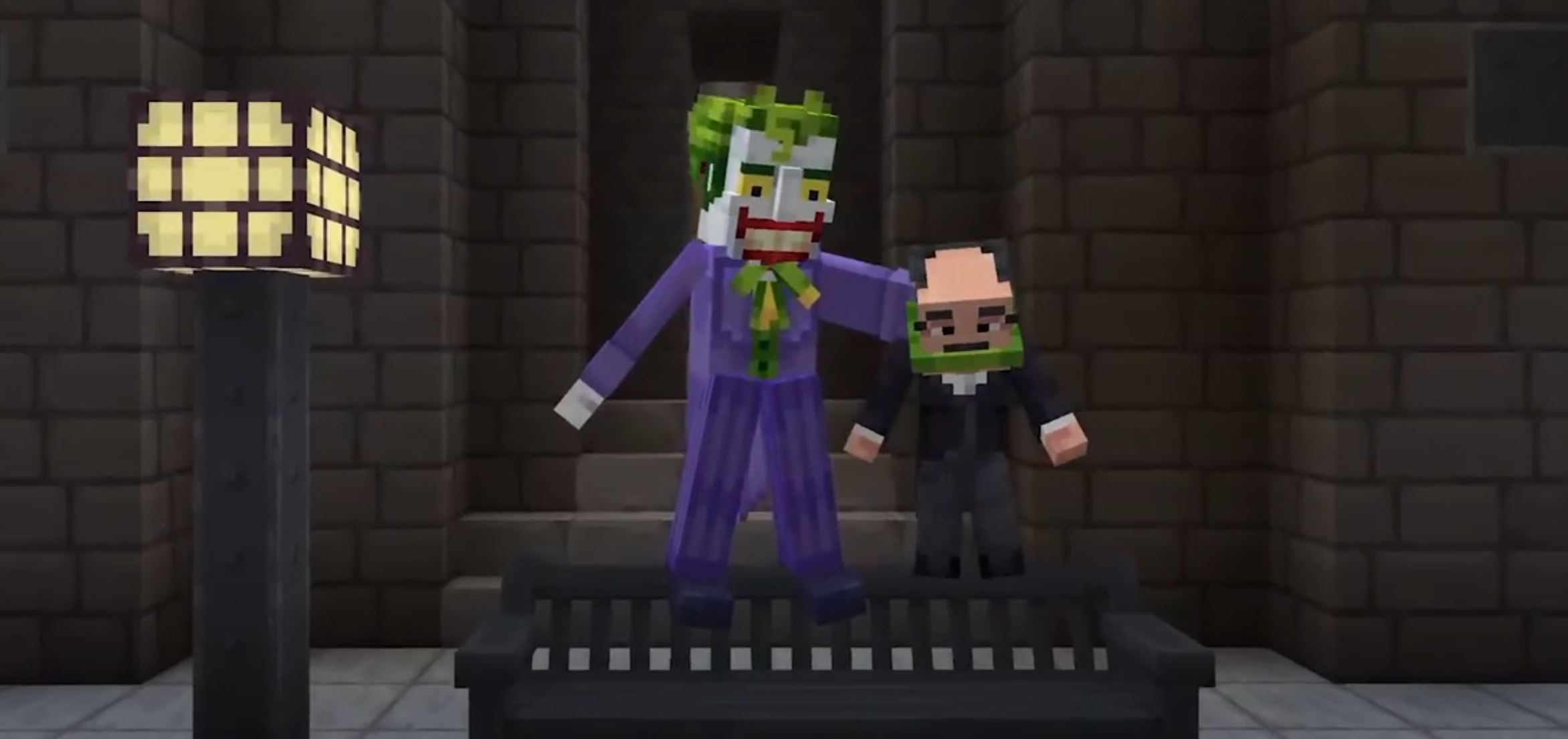 The Joker standing and holding a prisoner in the Minecraft Batman DLC