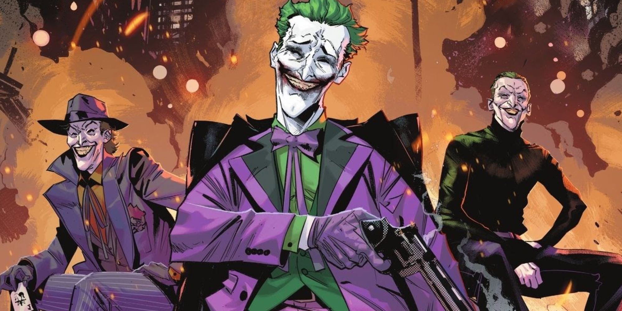 Comic book art: three versions of the Joker grin in front of an explosion.