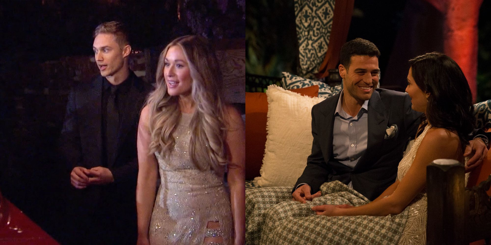 Split image of Jordan and Rachel and Joe and Becca spending night one together during their respective seasons of The Bachelorette.